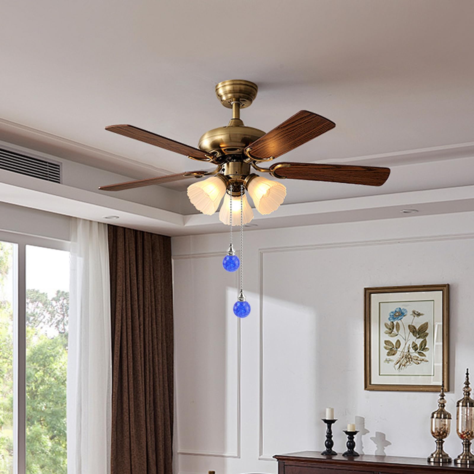 UTALIND Ceiling Fan Pulls Decorative Accessory Set, 2 Pcs 19" Fan Pull Chain Ornaments Pendant with Chain Connector for Wedding Home Bedroom Decor(Blue)