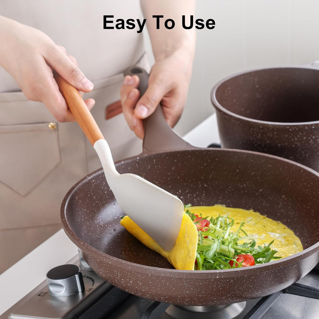 SENSARTE Silicone Cooking Utensils Set - 2-Piece Spatula & Ladle with Wooden Handle | White