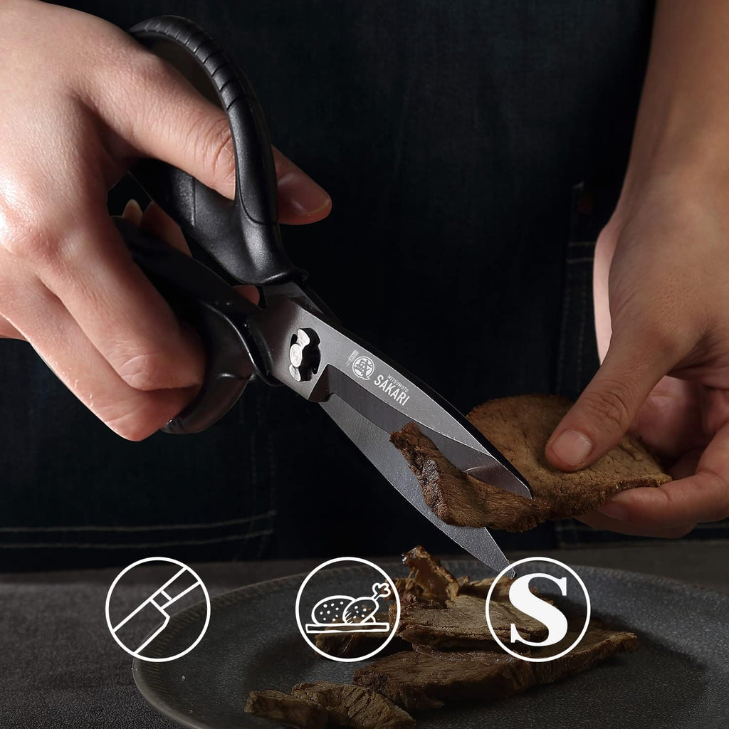 MITSUMOTO SAKARI Kitchen Scissors - Heavy Duty Black Titanium Plated, Multipurpose Herb & Cooking Tool