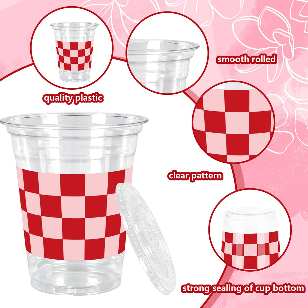 JarThenaAMCS 50Pcs Valentine's Day Plastic Cups with Lids Straws Drinking Cup 12oz Pink Red Checkered Heart Disposable Cups for Wedding Anniversary Valentine Party