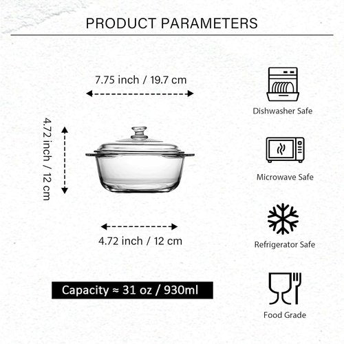 0.93L Glass Casserole Dish with Lid | Small Round Microwave Bowl Cookware - 6.2 Inch (31 oz)