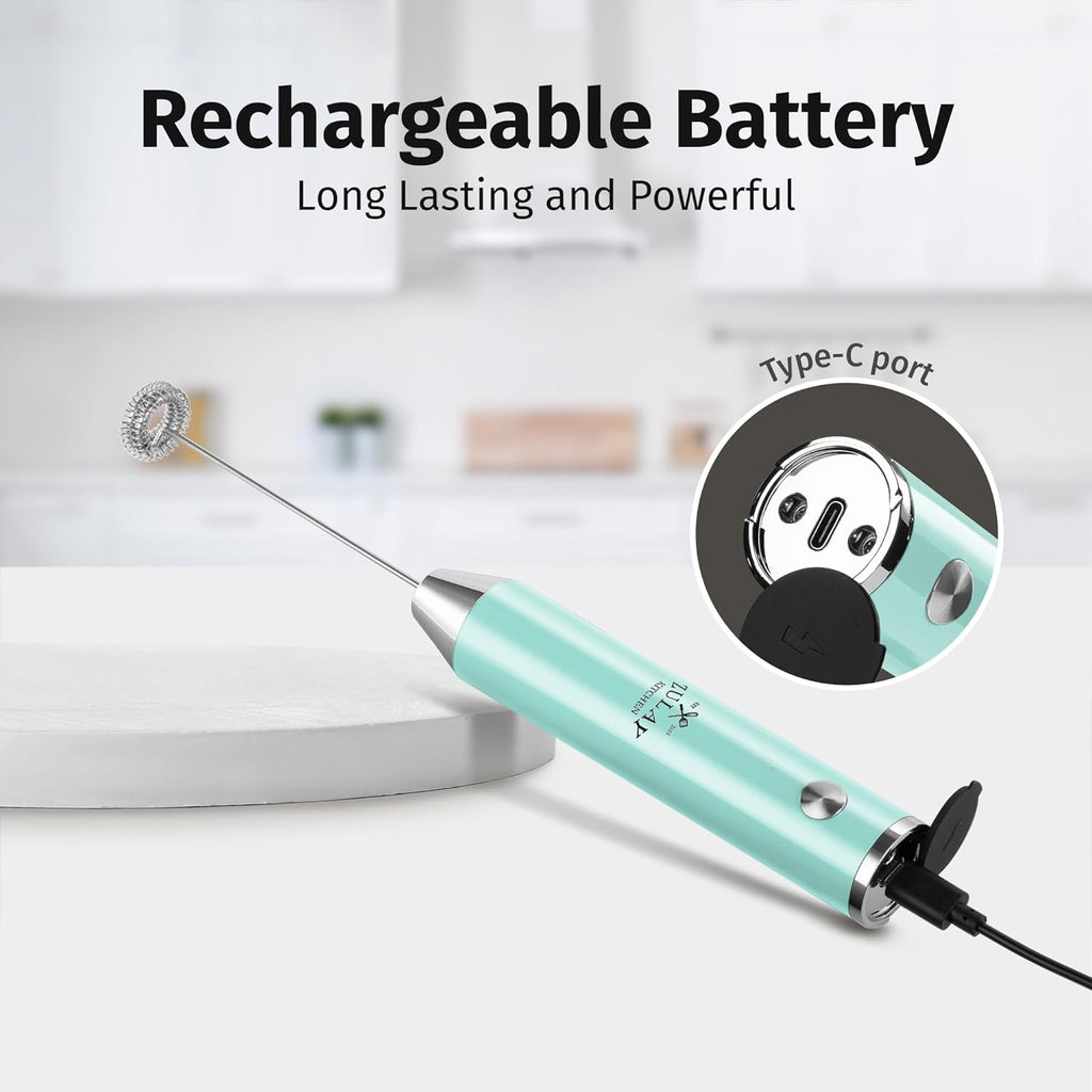 Zulay Kitchen Rechargeable Milk Frother - Powerful 2-Speed Motor, Waterproof Design | 2000mAh Battery - Sky Blue Drink Mixer for Lattes, Cappuccinos, Matcha & Protein Powder