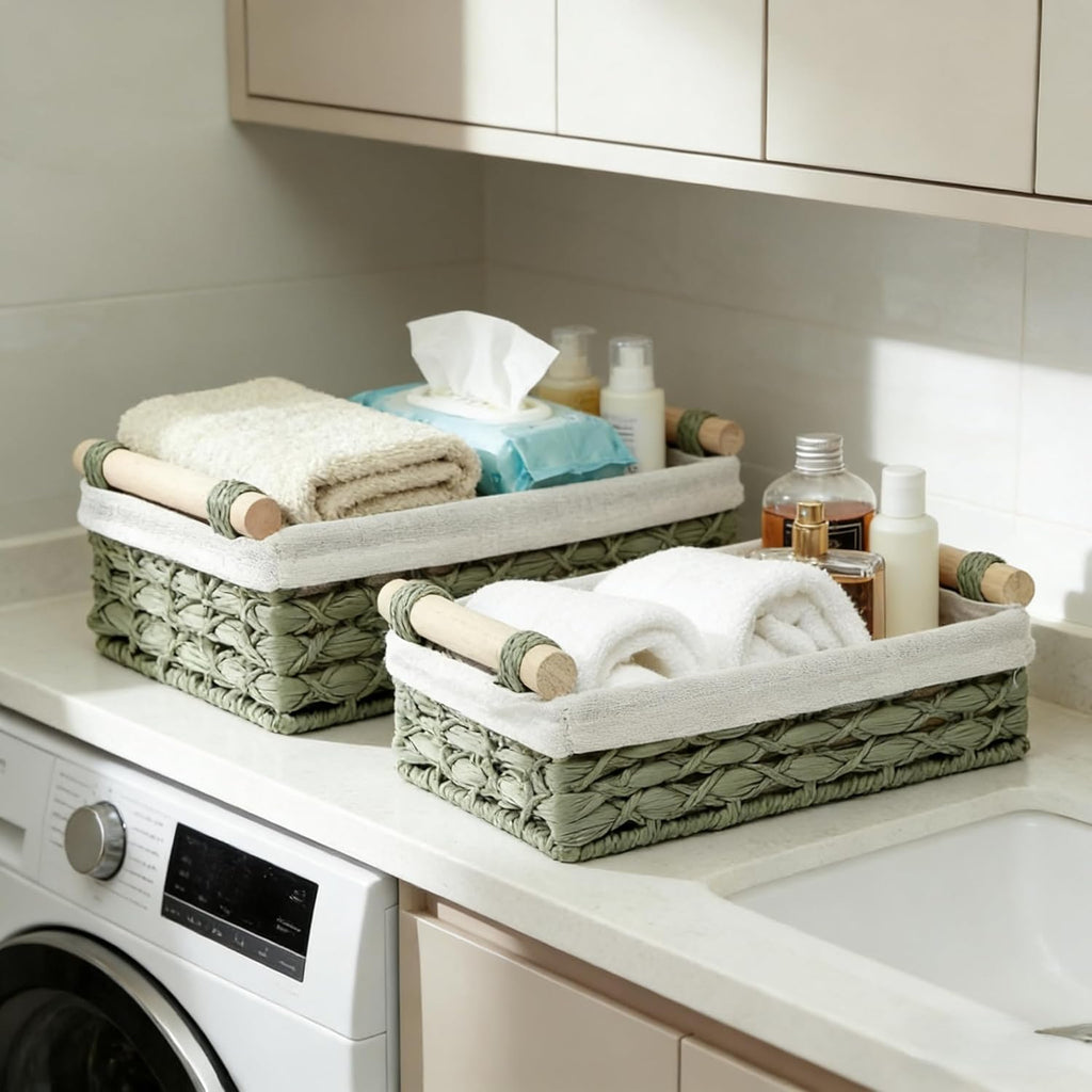 Regine Switzerland Set of 2 Green Bathroom Basket Organizers - Stylish Wicker Storage Baskets with Liner for Towels & Toiletries
