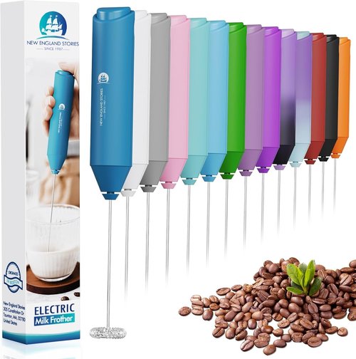 England Stories Electric Milk Frother - Handheld Battery Operated Whisk for Coffee, Latte & Matcha - Metal Blue