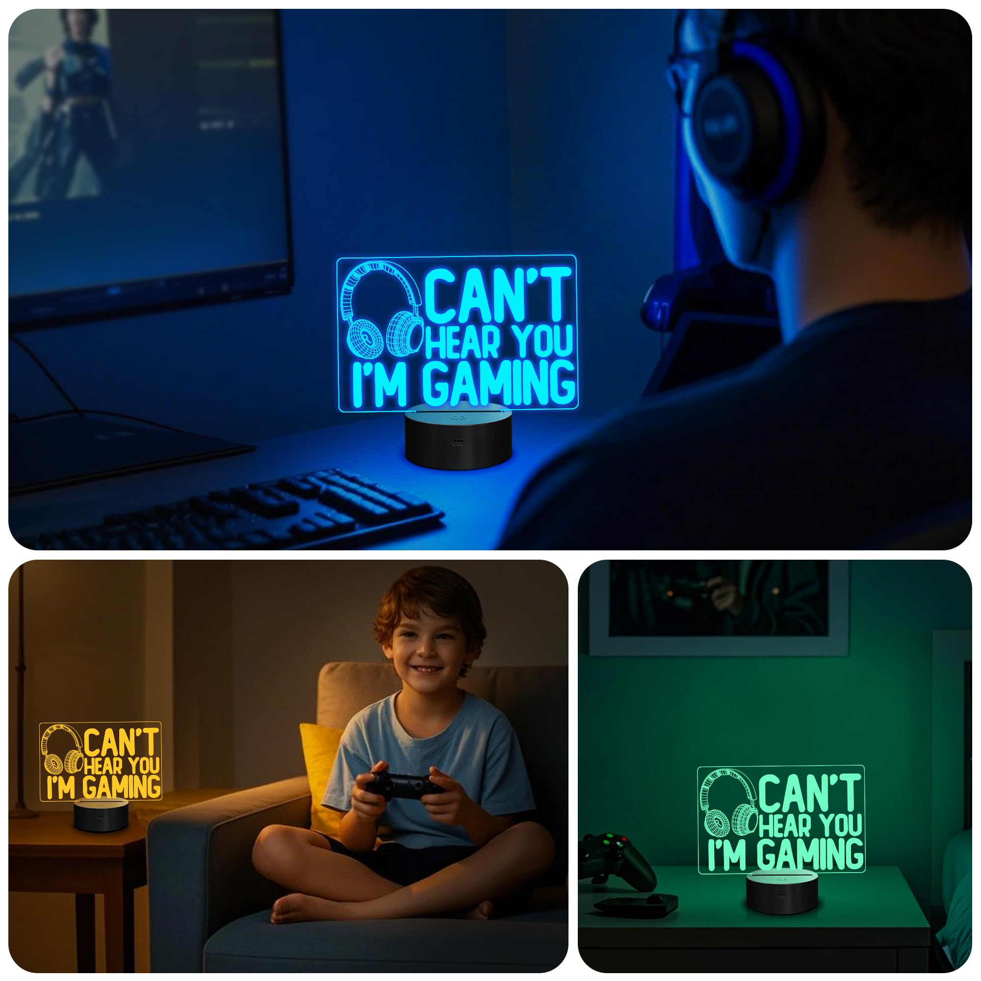 YuanDian Can't Hear You I'm Gaming Night Light, Headset Graphic Video Games Gamer Gift Funny 3D Illusion Lamp 16 Colors Changing Touch & Remote Control for Men Gamers Teenagers and Kids