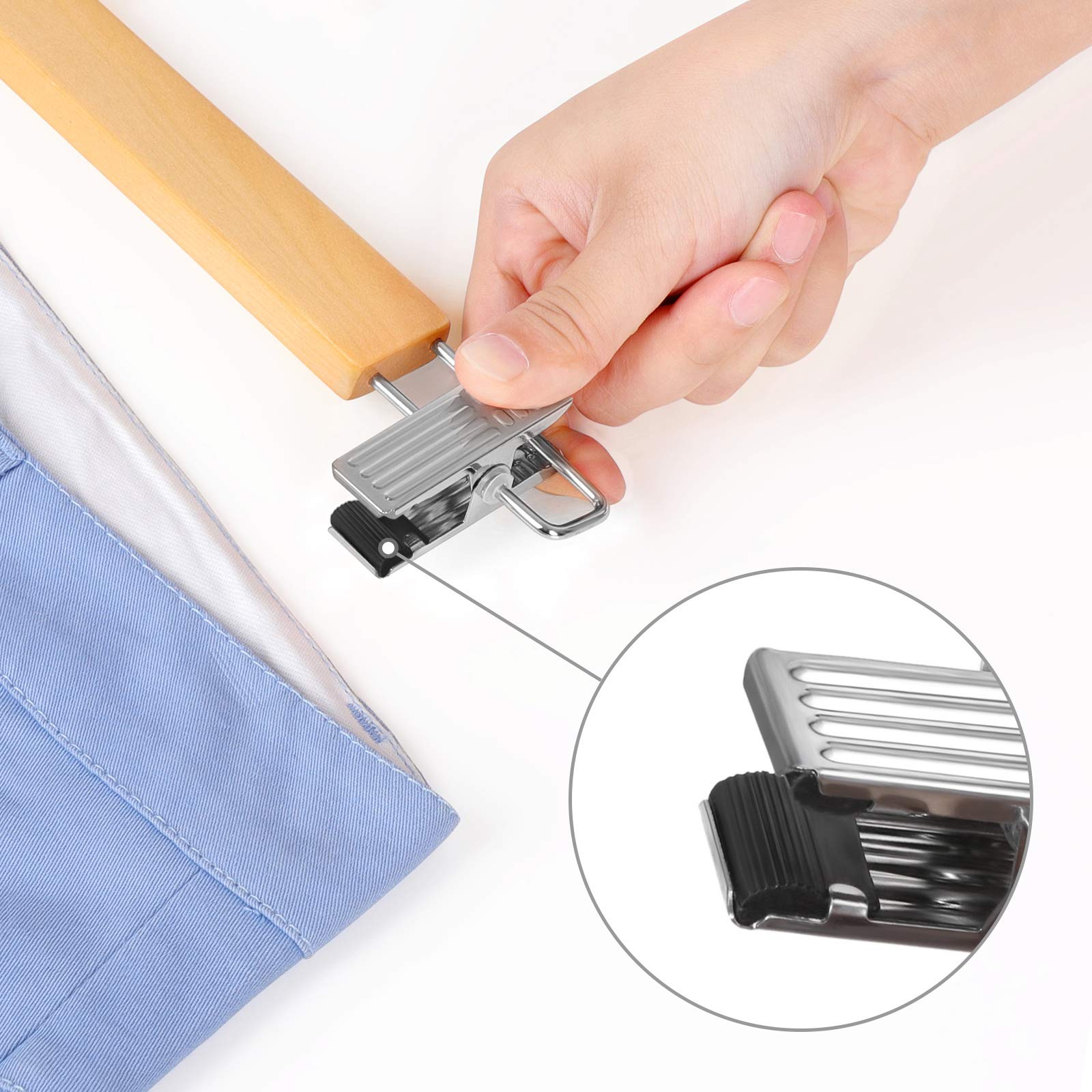 SONGMICS Wooden Pants Hangers 12 Pack, Pants Hangers with Clips, Adjustable Anti-Rust Metal Clips, 360° Swivel Hook, Skirt Hangers for Pant, Skirts, Natural Grain UCRW008-12