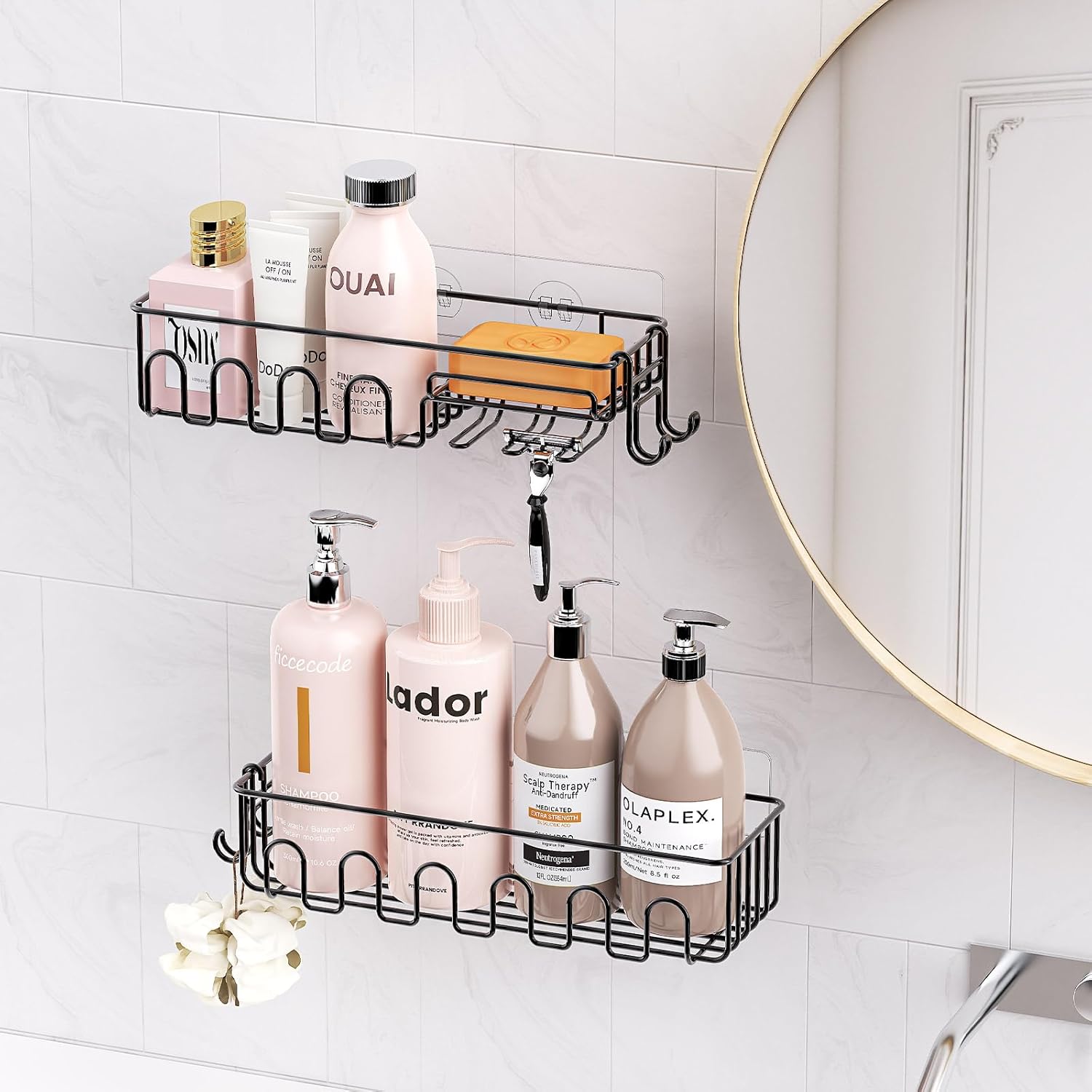 Saydear Adhesive Shower Caddy - Rustproof Metal Bathroom Storage Shelf with 2 Bonus Hooks | 4-Pack, Drill-Free Black