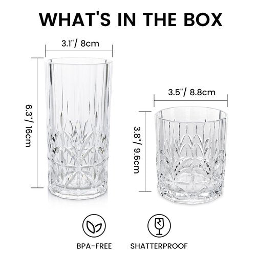 BELLAFORTE Shatterproof Tritan Plastic Drinking Glasses. 13oz & 18oz Water Glasses Set of 8 - Myrtle Beach Glasses Drinking - Unbreakable Tumblers for Parties - BPA Free, Dishwasher Safe (Clear)