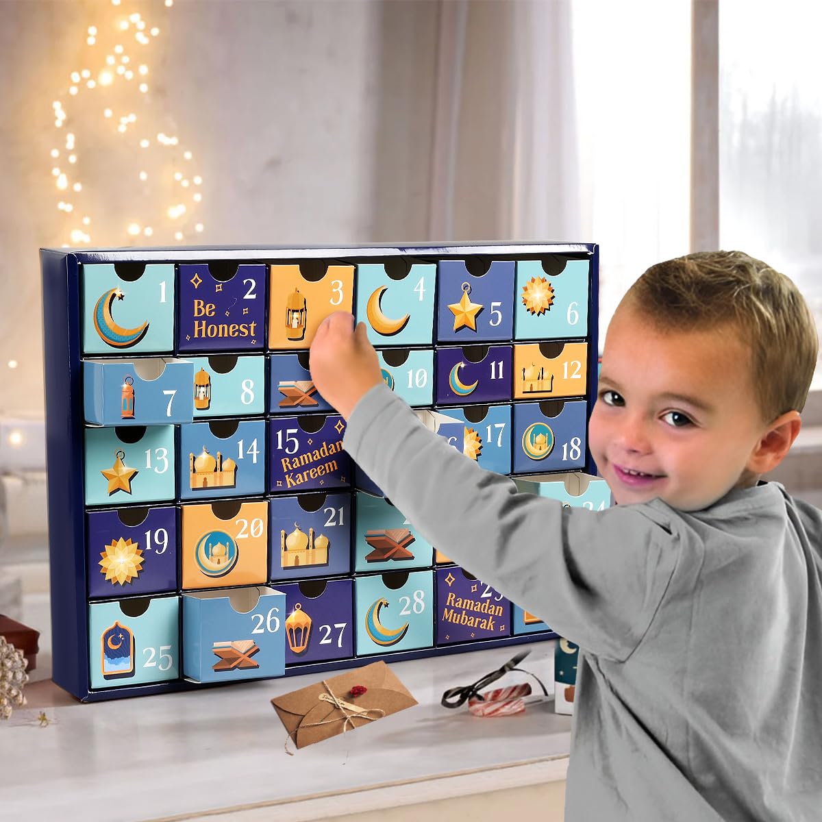 MOVINPE Ramdan Calendar with Drawers 2026 Ramadan Gifts for Kids, 30 Pre-Assembled Empty Boxes Eid Mubarak Coutdown Calendar Fillable Islamic Art Gift Box, Ramadan Party Supplies (Blue)