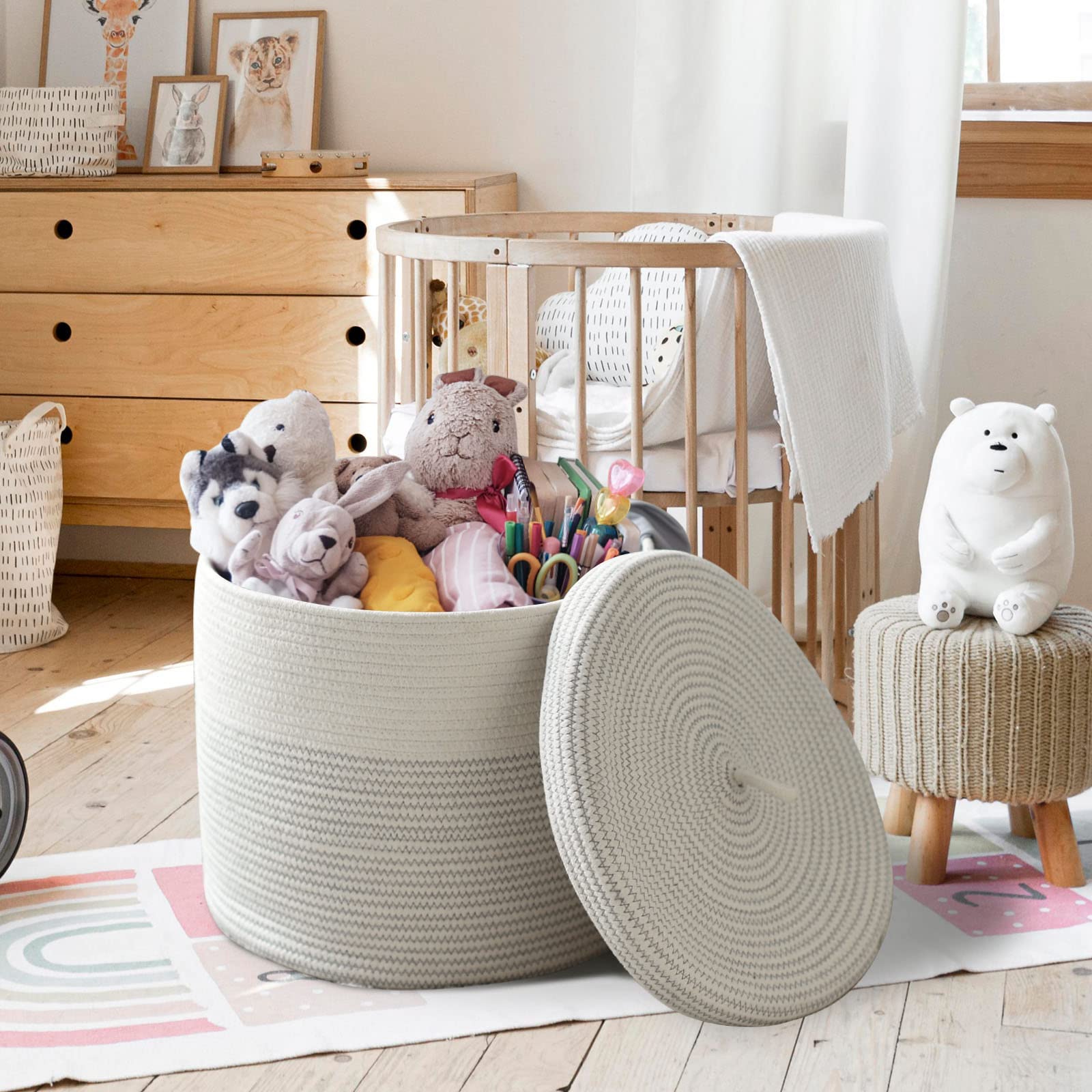 Tegance Blanket Basket with Lid, 16"D x 14"H Large Woven Rope Basket Laundry Basket Baby Toy Storage Basket Hamper Decorative Nursery Bin for Living Room Bedroom with Handles