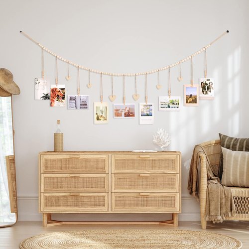 KLOGTSIND Hanging Photo Display - Boho Picture Frame Collage with 9 Wood Clips | Perfect for Office or Kids' Art Decor