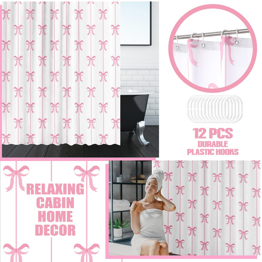 Maasechs 4 Pcs Bow Shower Curtain Set Cute Coquette Bathroom Decor Bow Knot Aesthetic Girly Shower Curtain Set with Non-Slip Rug Toilet Lid Cover Bath Mat and 12 Hooks(White Background,Pink)