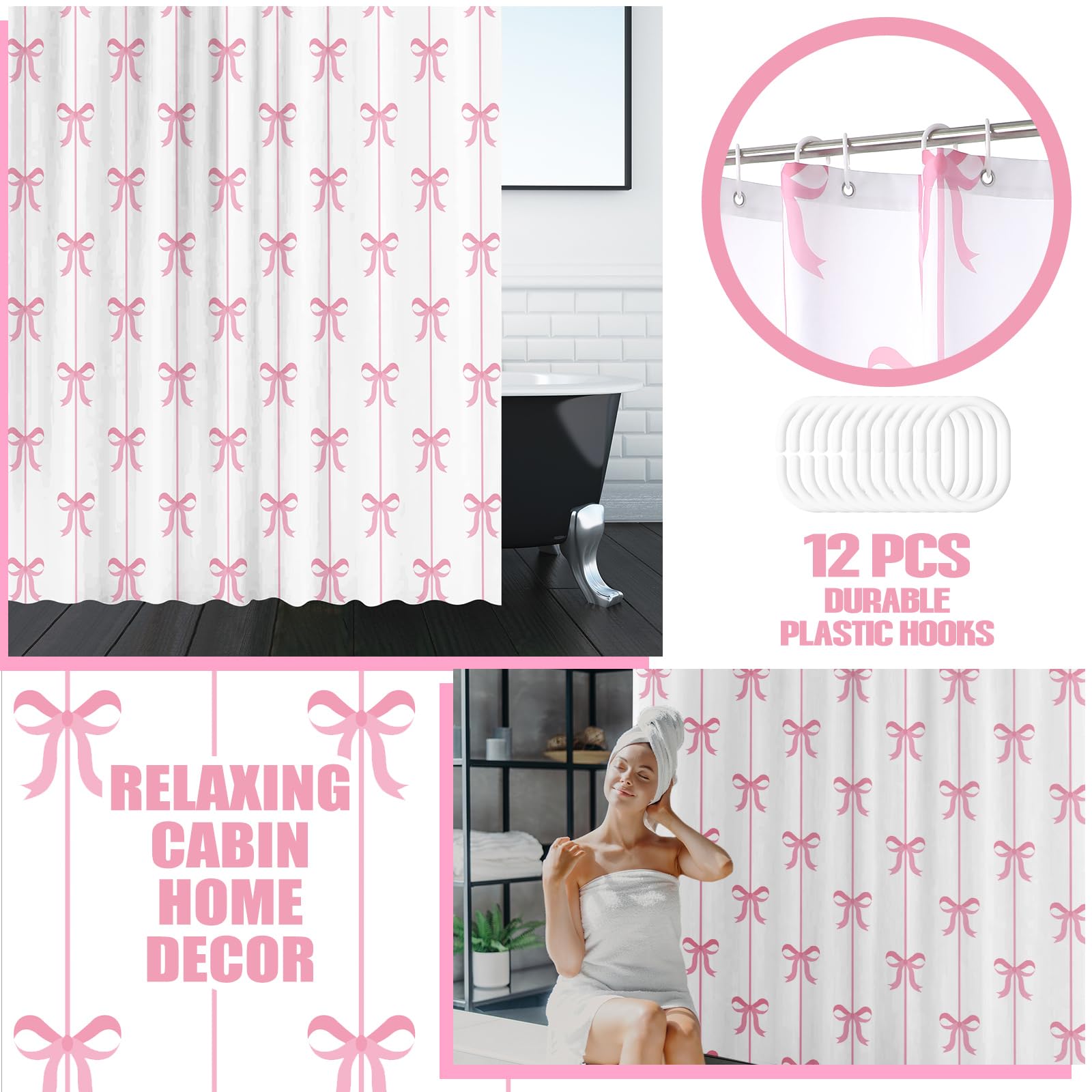 Maasechs 4 Pcs Bow Shower Curtain Set Cute Coquette Bathroom Decor Bow Knot Aesthetic Girly Shower Curtain Set with Non-Slip Rug Toilet Lid Cover Bath Mat and 12 Hooks(White Background,Pink)