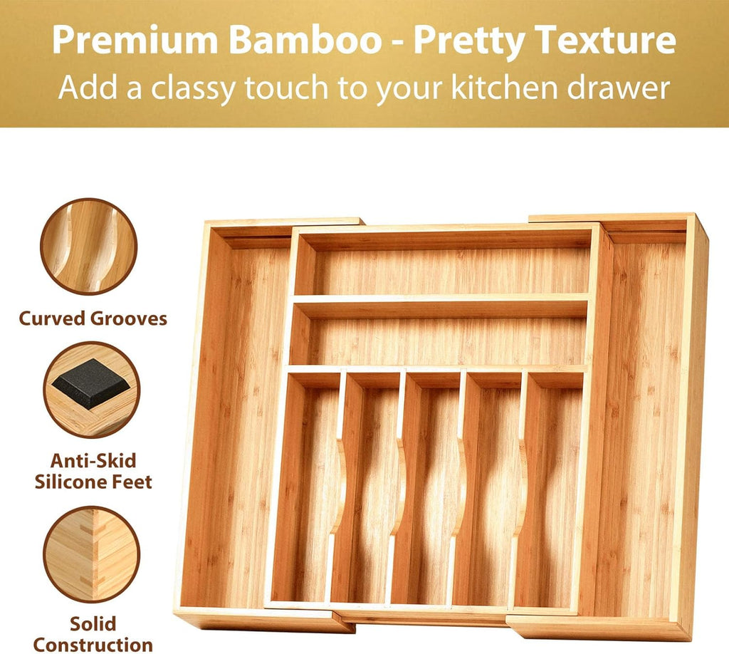Umilife Kitchen Silverware Organizer - Large Expandable Bamboo Utensil Tray with Adjustable Divider