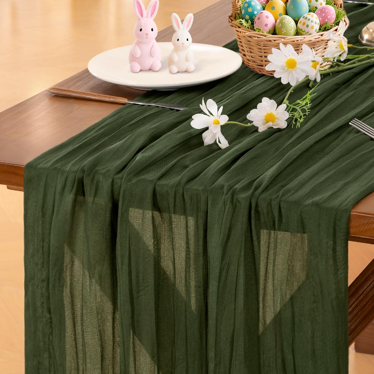 Socomi Olive Green Cheesecloth Table Runner - Boho Rustic 120-Inch Decor for Weddings & Events