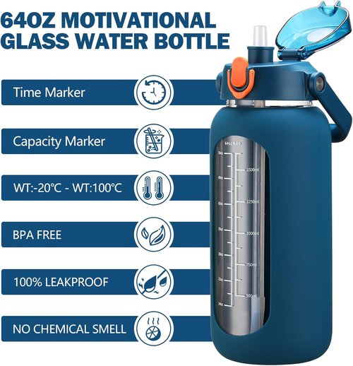 Kytffu 64oz Glass Water Bottle - Motivational Half Gallon Jug with Straw & Silicone Sleeve | Leakproof, Blue