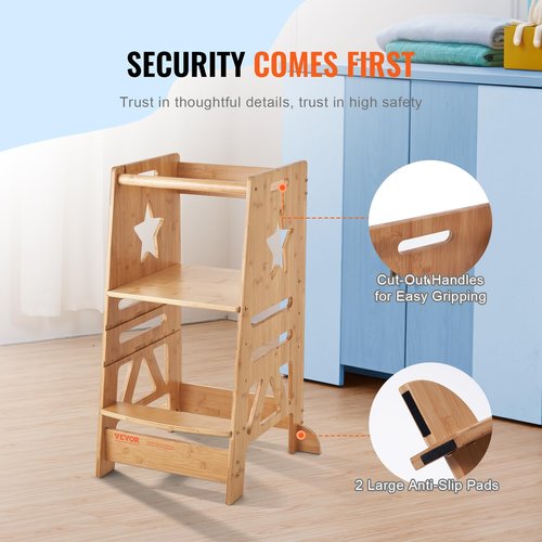 VEVOR Tower Step Stool, 3-Level Height Adjustable Toddler Step Stools for Kids, Bamboo Kitchen Stool, Kids Standing Tower Learning Stool with Safety Rail for Kitchen Counter Bathroom, 350LBS