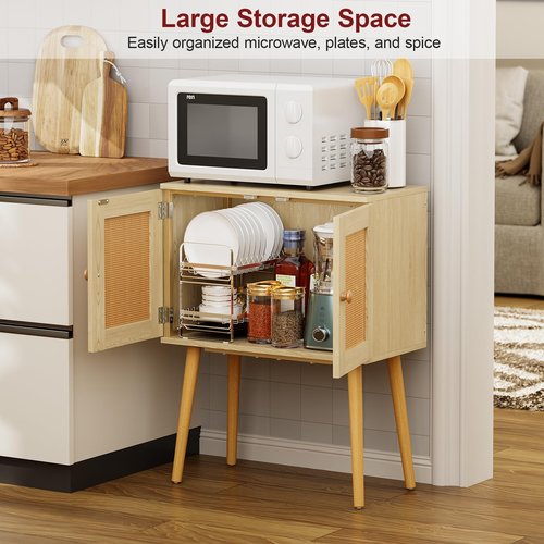 Sideboard Buffet Kitchen Storage Cabinet , Small Coffee Bar Cabinet with Rattan Doors and Tall Solid Wood Legs, Boho Accent Media Console Credenza Cabinet for Entryway,Living Room,Kitchen, Small Space
