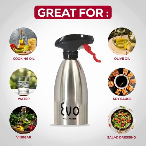 Evo Oil Sprayer - 18/8 Stainless Steel Non-Aerosol for Olive & Cooking Oils | 16-Ounce Capacity, Silver