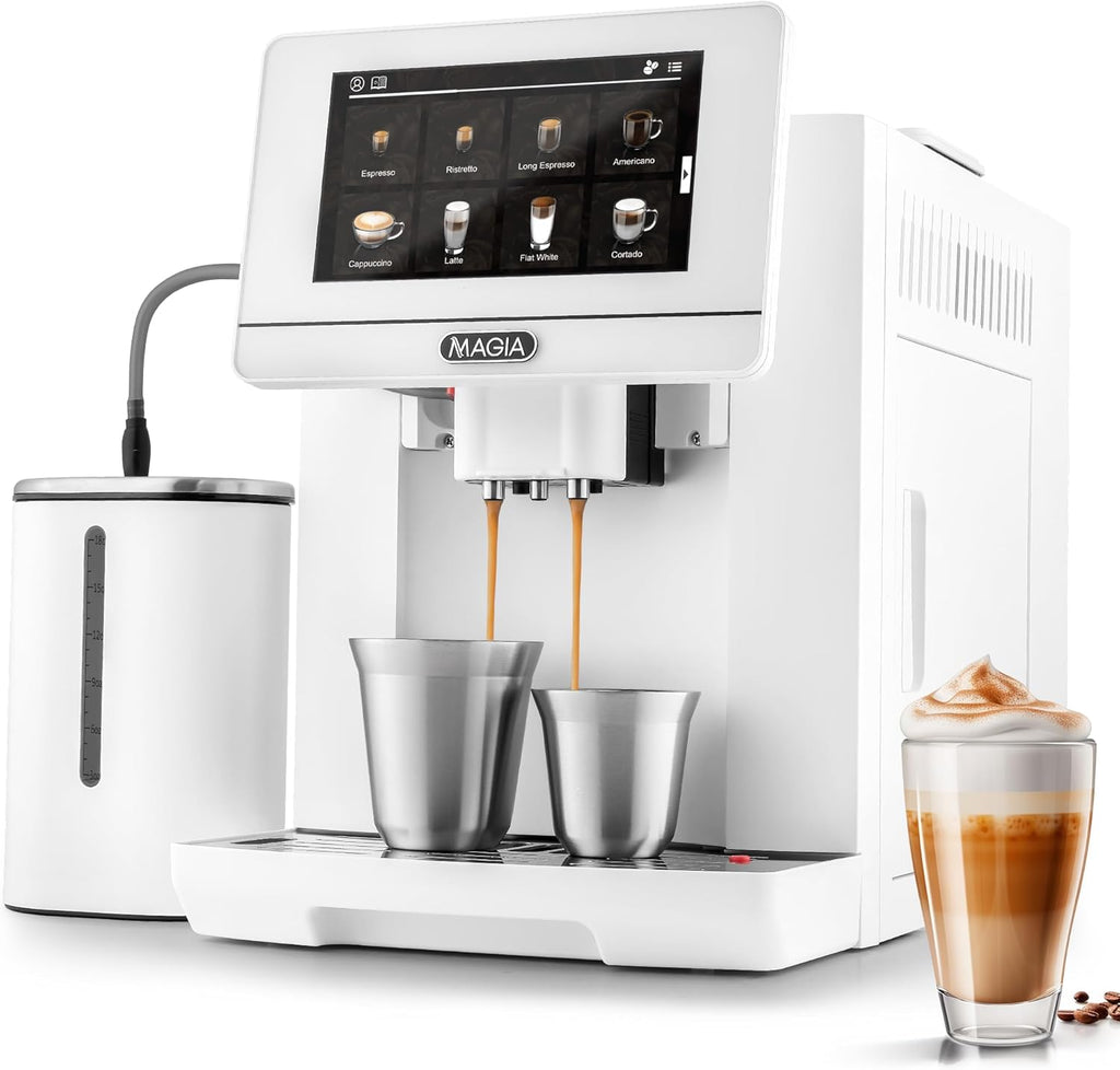 Zulay Magia Fully Automatic Espresso Machine - 19 Customizable Coffee Options | Includes Insulated Milk Container & Deluxe Cups - Auto-Cleaning - OG White