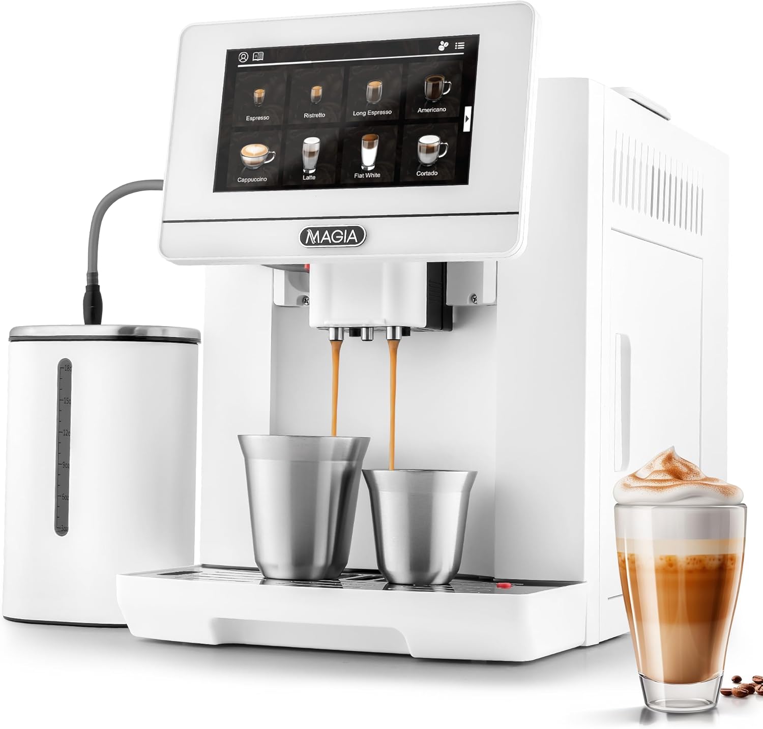 Zulay Magia Fully Automatic Espresso Machine - 19 Customizable Coffee Options | Includes Insulated Milk Container & Deluxe Cups - Auto-Cleaning - OG White