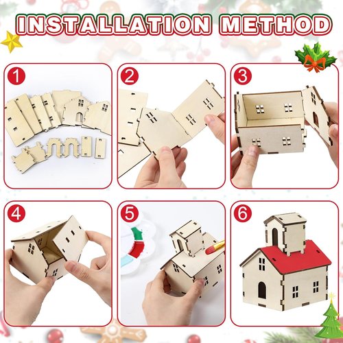 Hiboom 24 Pcs DIY Christmas Village Set - Rustic Wooden Houses & Church for Winter Decor
