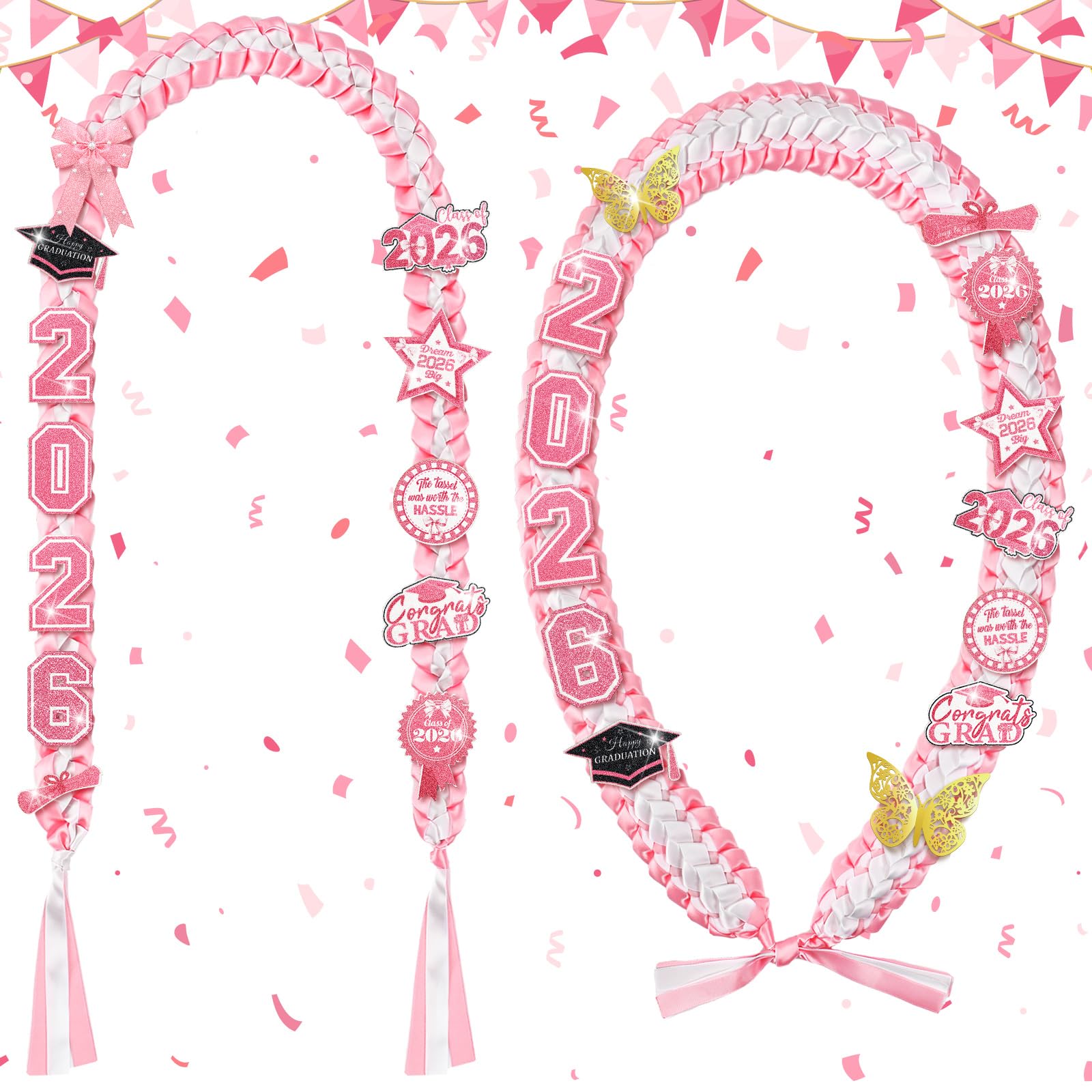 Suncalla 2pcs Pink Graduation Leis Class of 2026 Coquette Money Butterfly Ribbon Leis for Graduation Necklace with Pins Braided Ribbon Necklace for Grad Gift High School University Ceremony DIY Decor