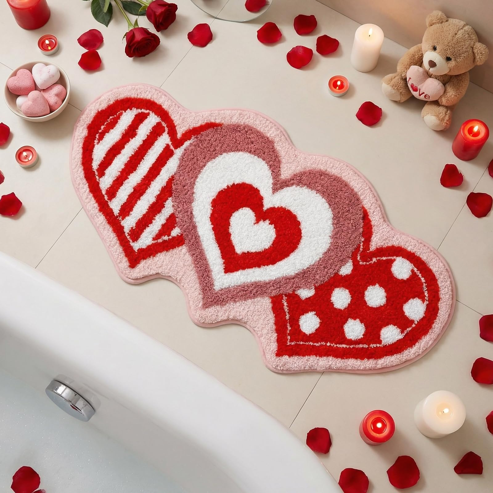 Moutina Love Heart Bathroom Rug 18x36 Inch, Soft and Absorbent Tufted Valentine's Day Bath Mat Non Slip Washable, Valentines Bathroom Decor Rug Holiday Decorations