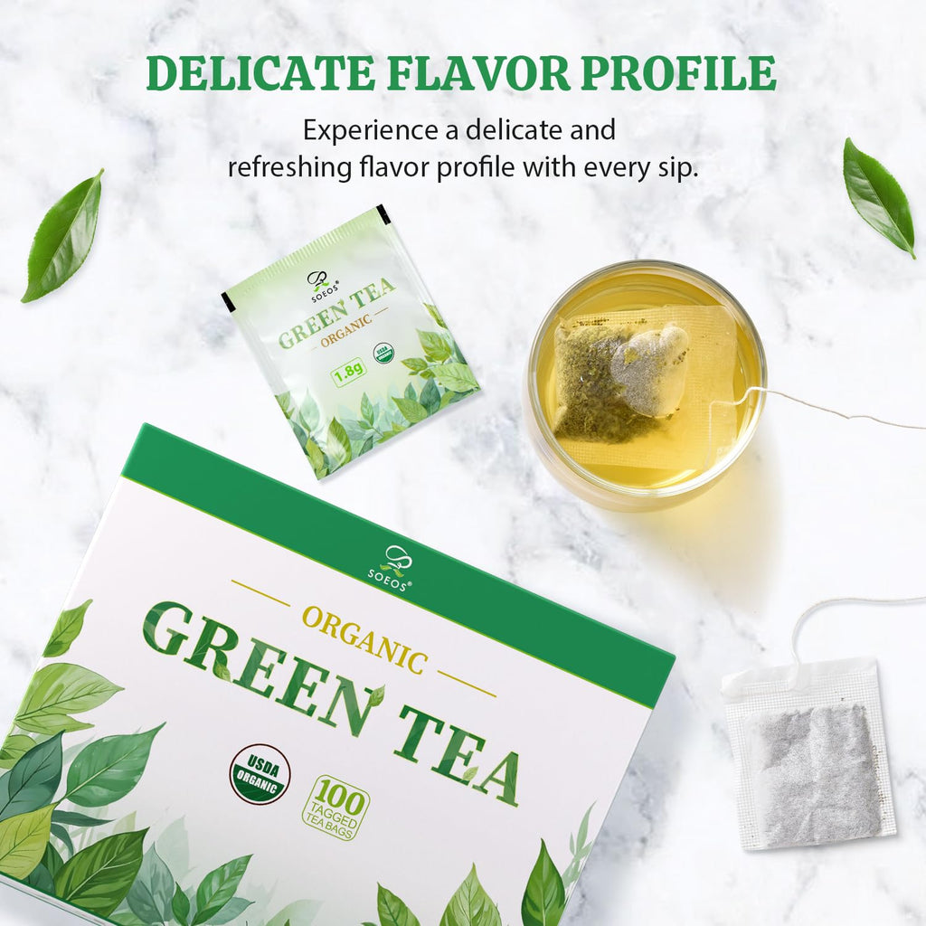 Soeos Organic Green Tea, 100 Tea Bags (Pack of 1), Caffeinated, Low Caffeine, Fresh and Healthy Green Tea, 6.3 Ounce