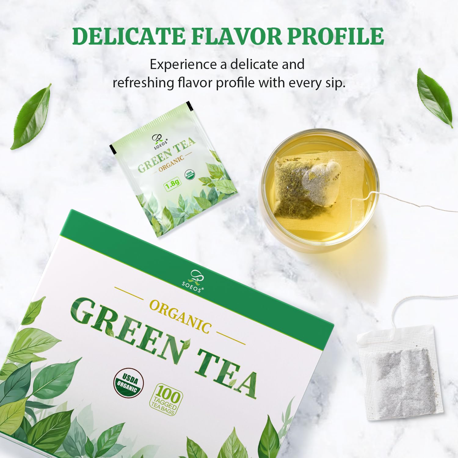 Soeos Organic Green Tea, 100 Tea Bags (Pack of 1), Caffeinated, Low Caffeine, Fresh and Healthy Green Tea, 6.3 Ounce