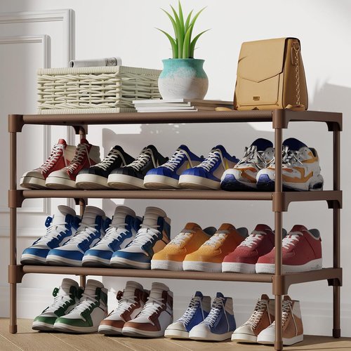 Kitsure Shoe Rack - Stackable Non-Woven Shoe Organizer for Closet & Entryway | 3-Tier, 27.5" Wide, Brown