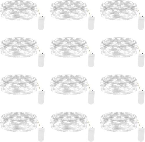 Lakumu Fairy Lights - 12-Pack Battery Operated 7FT Waterproof Silver Wire LED String Lights | Cool White for DIY Decor