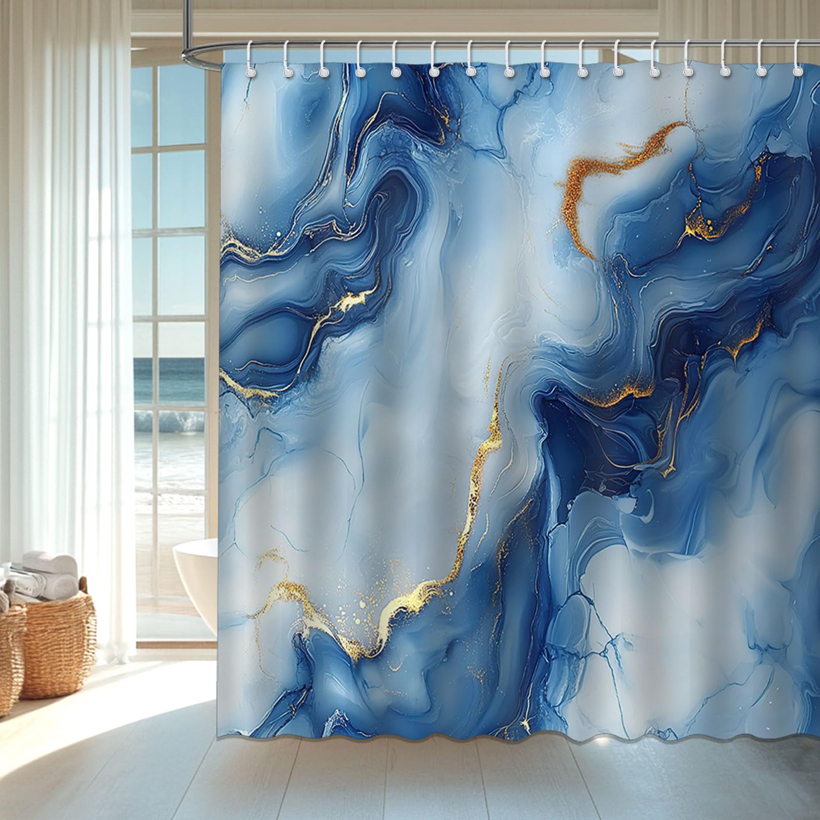 Mocsicka Blue Marble Shower Curtain Abstract Modern Luxury Marble Bathroom Shower Curtain Blue Marble Waterproof Fabric Shower Curtains Bathtub Decor with 12 Hooks 72 X 72 Inch (Blue)