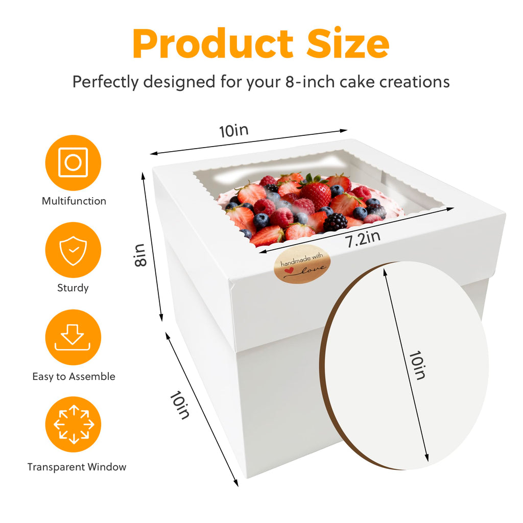 3 Pack Cake Boxes,10x10x8 Inch Tall Cake Box with Cake Boards 10",Disposable Cake Containers with Lids,White Bakery Boxes with Large Window,for Layer Cakes,Pies,Donuts,Cookies,Wedding,Birthday,Party