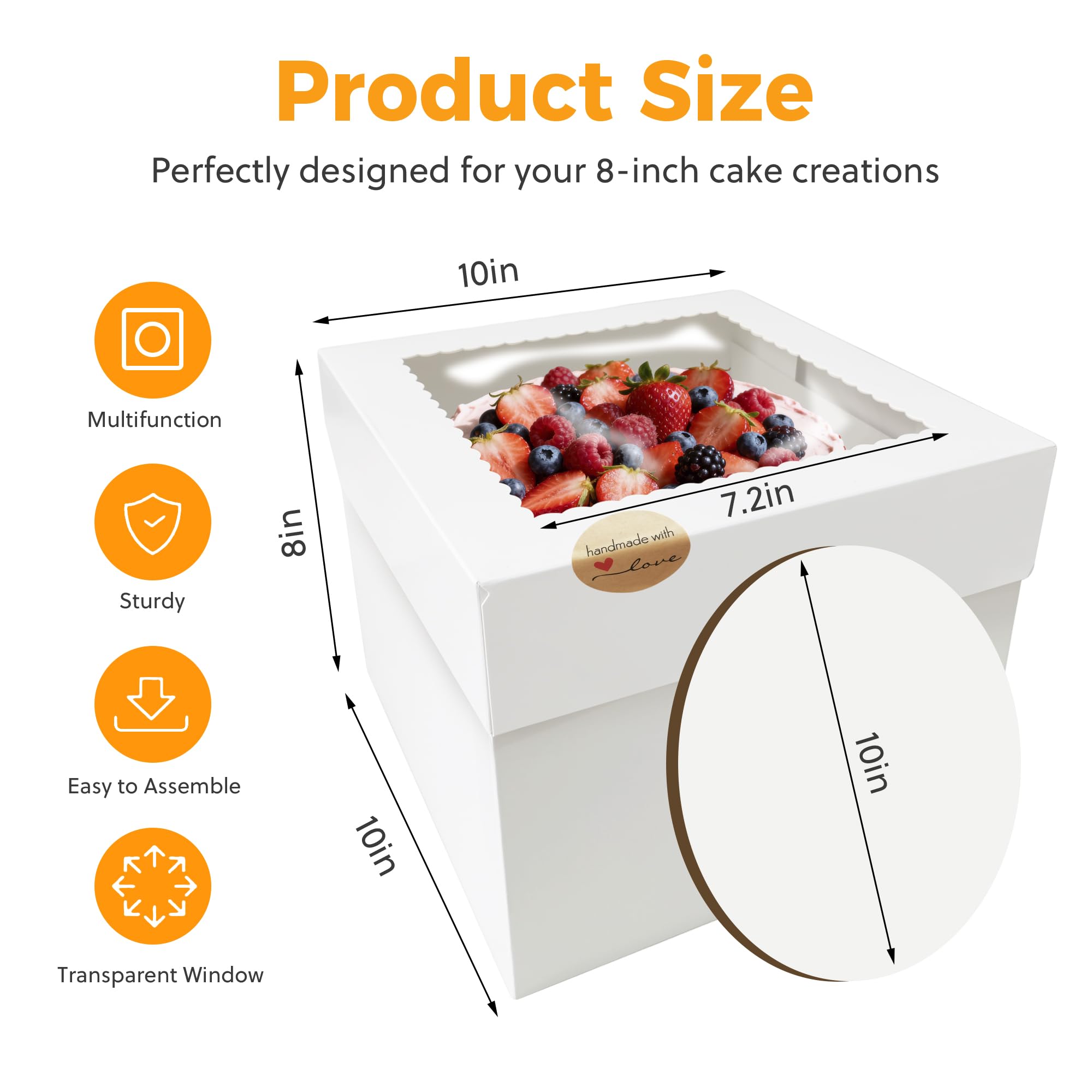 3 Pack Cake Boxes,10x10x8 Inch Tall Cake Box with Cake Boards 10",Disposable Cake Containers with Lids,White Bakery Boxes with Large Window,for Layer Cakes,Pies,Donuts,Cookies,Wedding,Birthday,Party