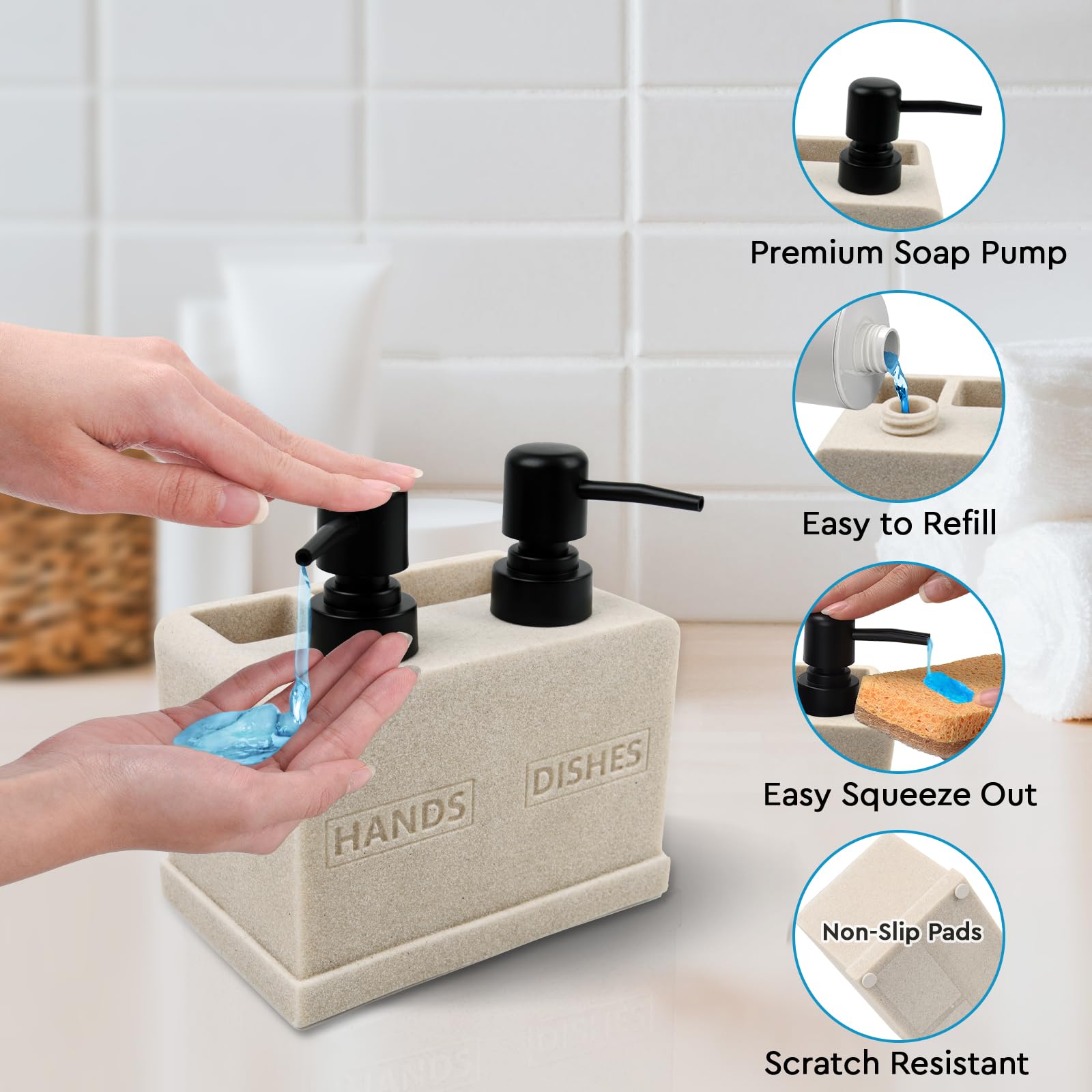 Hand and Dish Soap Dispenser Set for Kitchen Sink,Dual Soap Dispenser with Sponge Caddy and Brush Holder 4-in-1 Countertop Organizer for Kitchen Bathroom,Useful Kitchen Gadgets-Beige