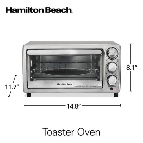 Hamilton Beach 4-Slice Toaster Oven with 5 Cooking Modes (Bake, Broil, Keep Warm Toast & Bagel) with Stay On & Auto Shutoff, 2 Rack Positions, 1100 Watts and 3 Accessories, Stainless Steel (31143)