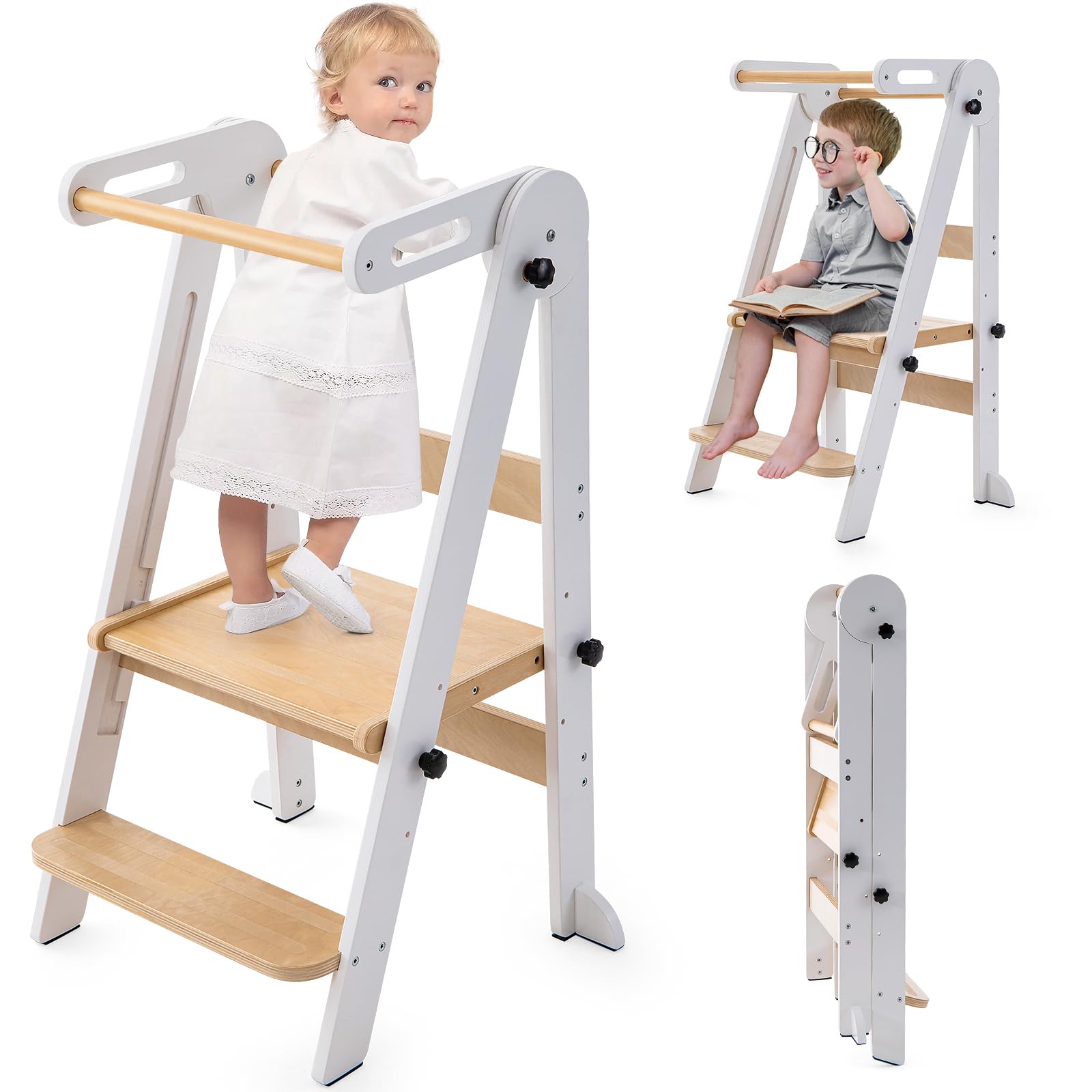 Foldable Toddler Tower, Kitchen Stool Helper, Standing Tower with 3 Adjustable Heights and Non-Slip-Strips, Kitchen Tower for Kids 1.5-6 Years, Montessori Stool for Counter Sink (White)
