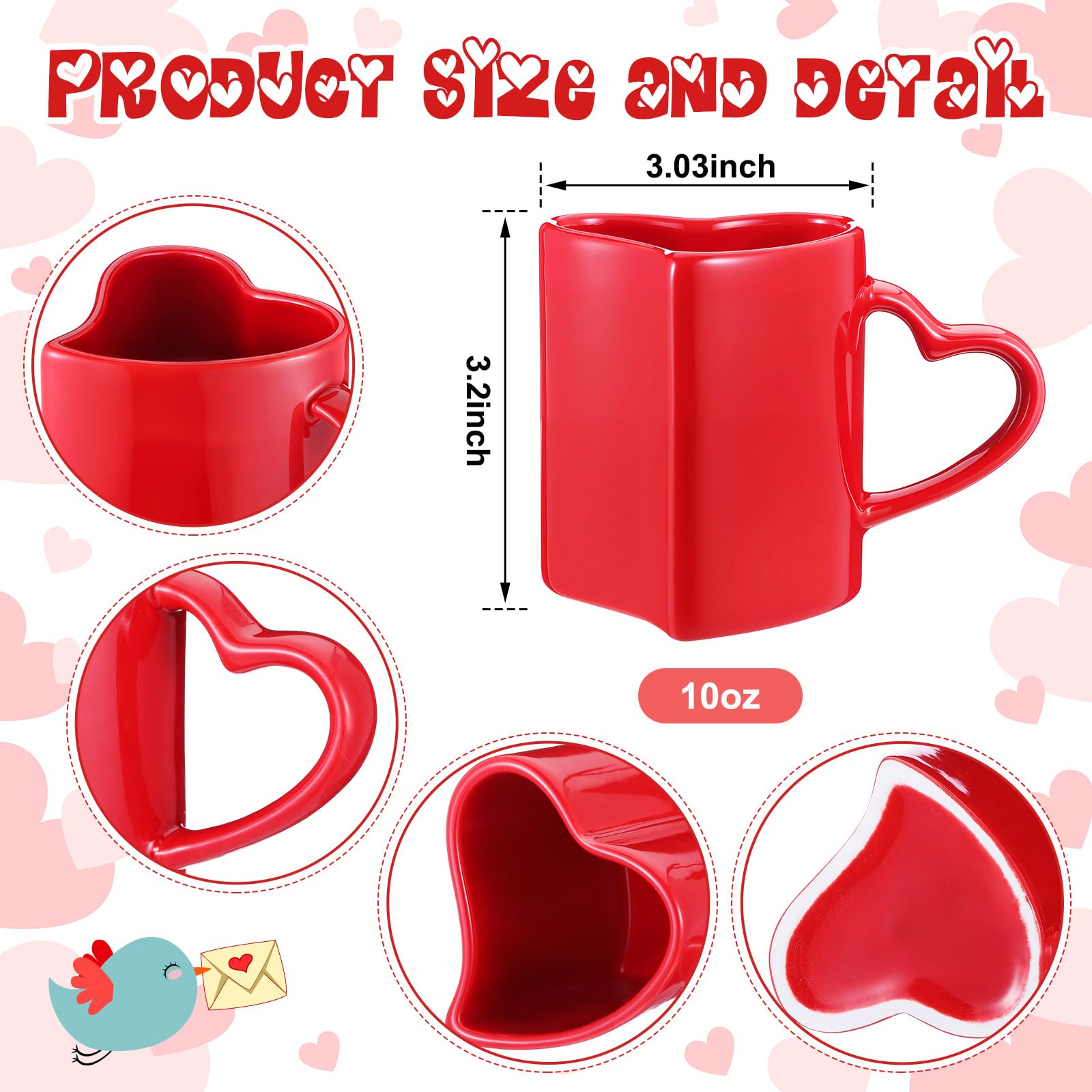 Domensi 2 Pcs Valentines Heart Shaped Mugs Red Heart Coffee Cup 11.8 oz Valentine‘S Day Ceramic Mug with Handle Love Tea Cup Gift for Romantic Valentines Wedding Anniversary Couple Lover Decoration