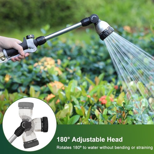 FANHAO Heavy Duty Watering Wand - 16-Inch Metal Hose Nozzle with 8 Spray Patterns & Thumb Control