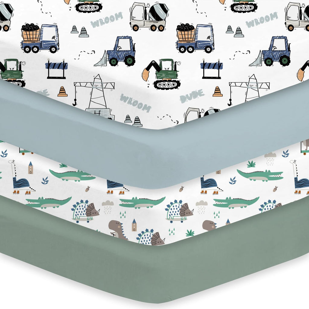 Little Grape Land Crib Sheets 4 Pack for Boys and Girls, Baby Neutral Crib Fitted Sheets for Standard Crib & Toddler Mattress, Super Soft Breathable Fitted Crib Sheet Set (Truck & Alligator)