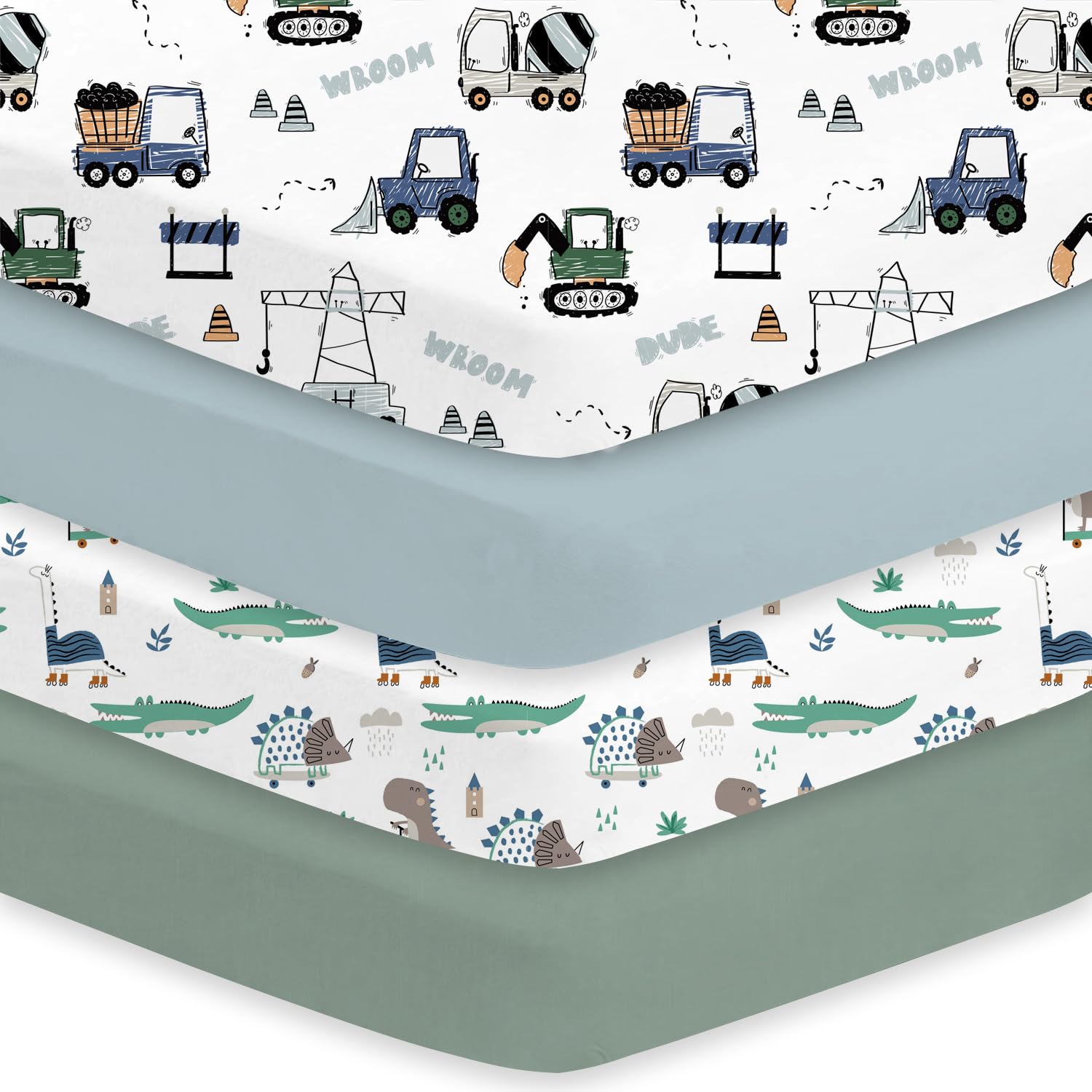 Little Grape Land Crib Sheets 4 Pack for Boys and Girls, Baby Neutral Crib Fitted Sheets for Standard Crib & Toddler Mattress, Super Soft Breathable Fitted Crib Sheet Set (Truck & Alligator)