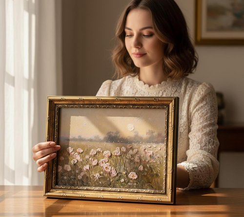 Gold Framed Vintage Pink Wildflower Canvas Wall Art - Rustic Spring Landscape Painting 9x11in