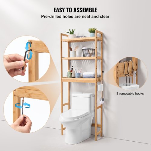 VEVOR Over The Toilet Storage, 3-Tier Adjustable Over Toilet Bathroom Organizer, Bamboo Storage Shelf Rack with 3 Hooks, Freestanding Easy Assembly Laundry Space Saver, Fit Most Toilets, Gray