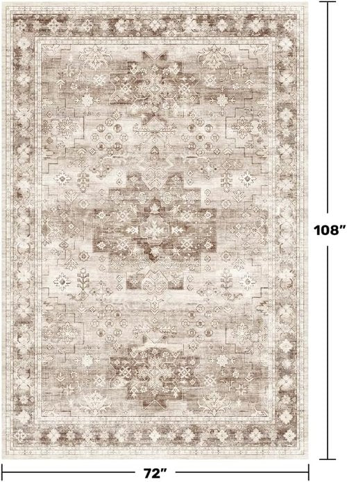 Farmhouse Living Room Rug by [Brand Name] - Washable 6x9 Non-Slip Boho Vintage Design in Beige/Latte