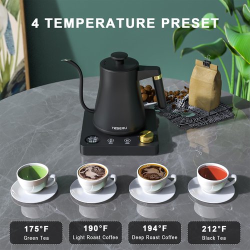 YESERLI 1200W Gooseneck Kettle with ±1℉ Temperature Control,Pour Over Electric Kettle for Coffee & Tea,Digital Display,4 Temp Preset,12H Keep Warm,100% Stainless Steel,Rapid Heating,1L,Matte Black