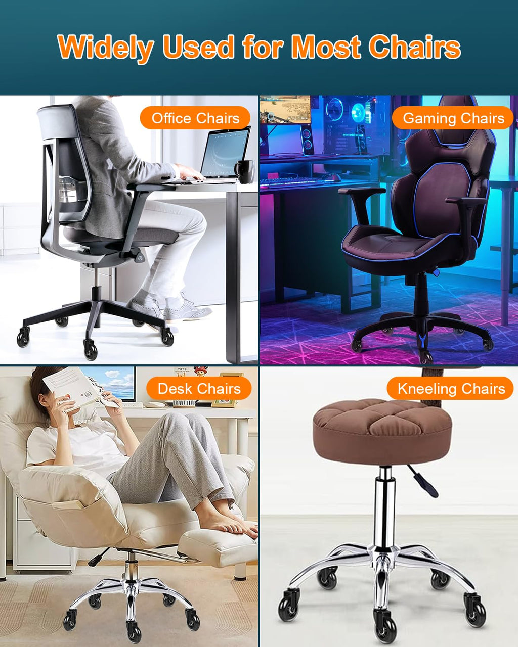 RidRed Office Chair Wheels - Heavy-Duty 3 Inch Rubber Casters | Universal Fit, Noise-Free, Fits Most Chairs