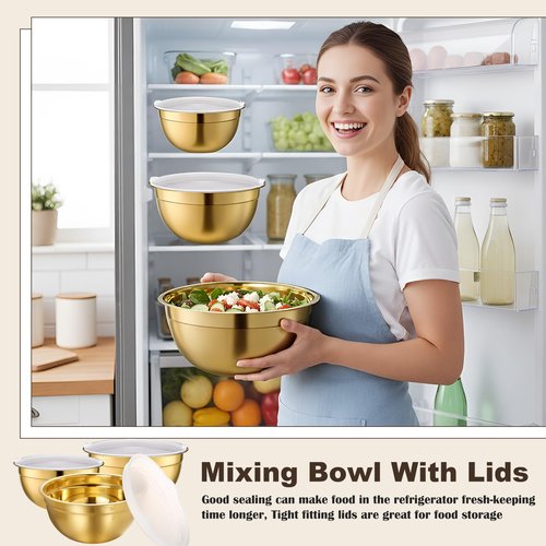 Baderke 6 Pcs Gold Kitchen Accessories Set Includes 3 Gold Mixing Bowls with Airtight Lids Stainless Steel Colander Grater Slicer and Fine Mesh Strainer (Mixing Bowls: 3.7/5/7 Qt, Colander: 5 Qt)