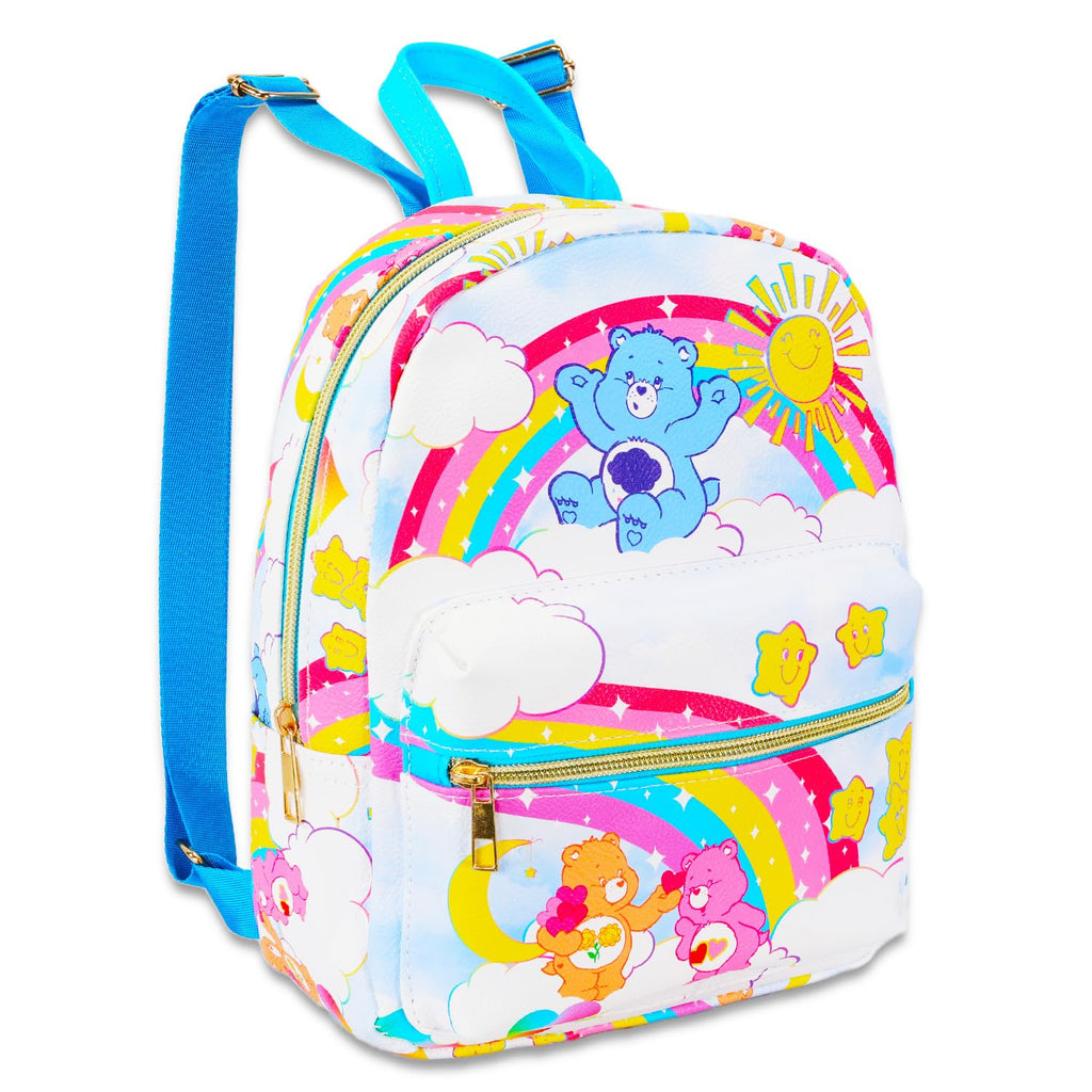Care Bears Mini Backpack for Girls - 10” Faux Leather Care Bears Backpack with Front Pocket Plus Bottle | Care Bears Backpack Bundle