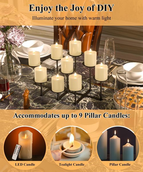 Fireplace Candle Holder - 9 Wax Pillar Plates | Elegant Iron Candelabra for Home Decor & Events